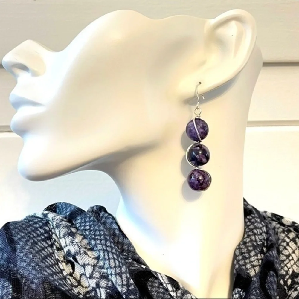 2/$29 Handmade Wire Wrap Purple Round Bead Drop Earrings 2.5” Boho Vacay